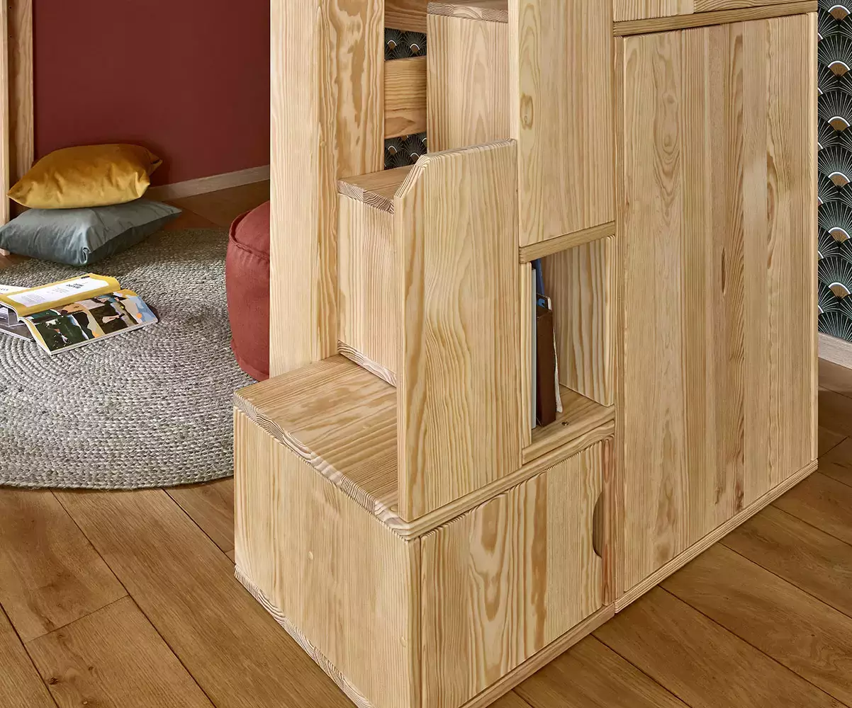 Détails module escalier bois naturel avec rangements Détails module escalier bois naturel avec rangements