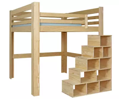 Lit mezzanine Palomar 200x200 bois en version basse avec lot de 3 gardes corps en option