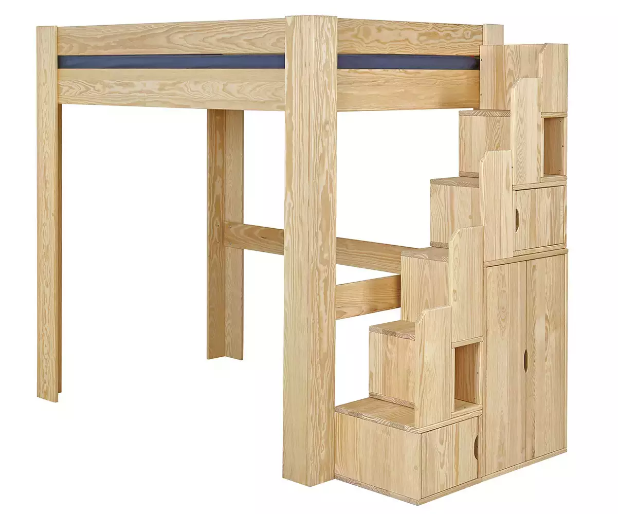 Lit mezzanine avec module escalier bois naturel positionné à droite Lit mezzanine avec module escalier bois naturel positionné à droite