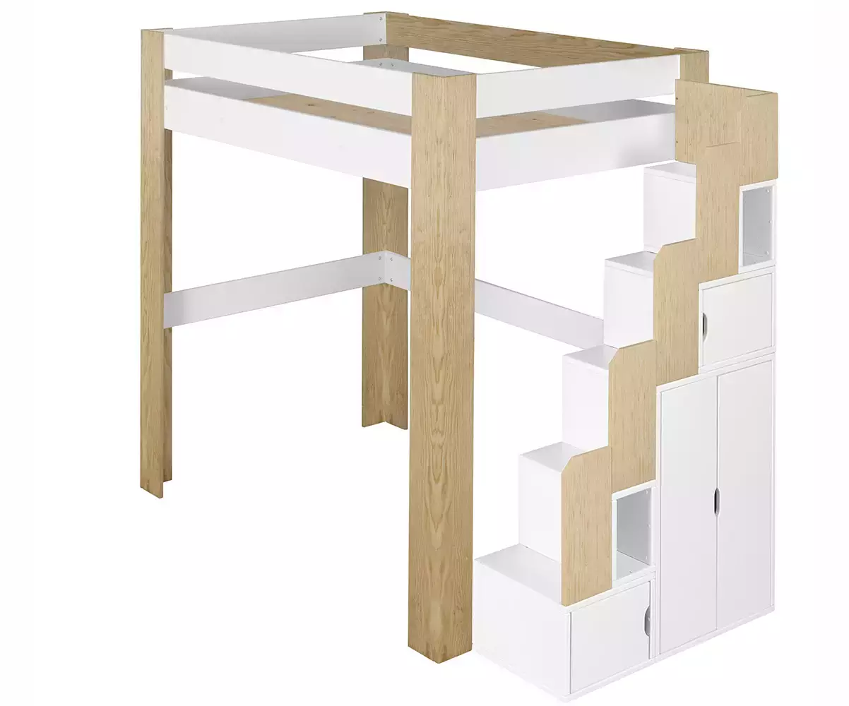 Lit mezzanine avec module escalier bois naturel et blanc positionné à droite Lit mezzanine avec module escalier bois naturel et blanc positionné à droite