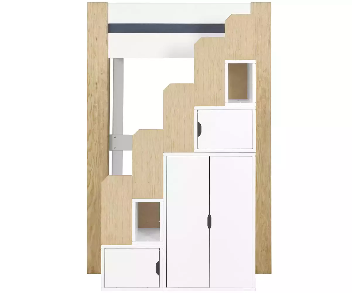 Lit mezzanine avec module escalier blanc et bois naturel Lit mezzanine avec module escalier blanc et bois naturel