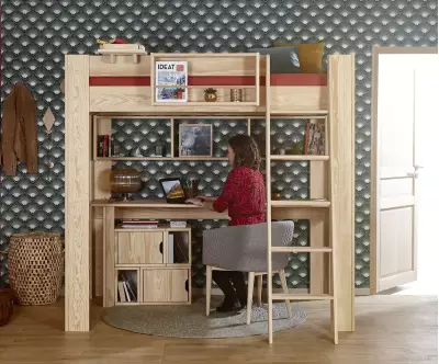 Lit mezzanine Paros avec bureau et accessoires de rangement Milos en option