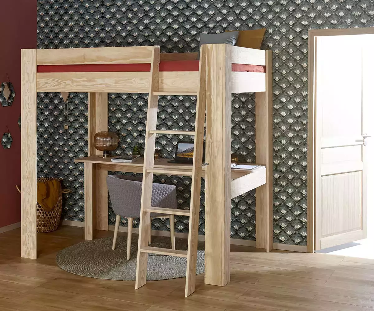 Lit mezzanine Paros 1 place bois naturel avec bureau Lit mezzanine Paros 1 place bois naturel avec bureau