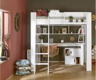 Lit mezzanine double Paros avec bureau et accessoires de rangement Milos blancs en option