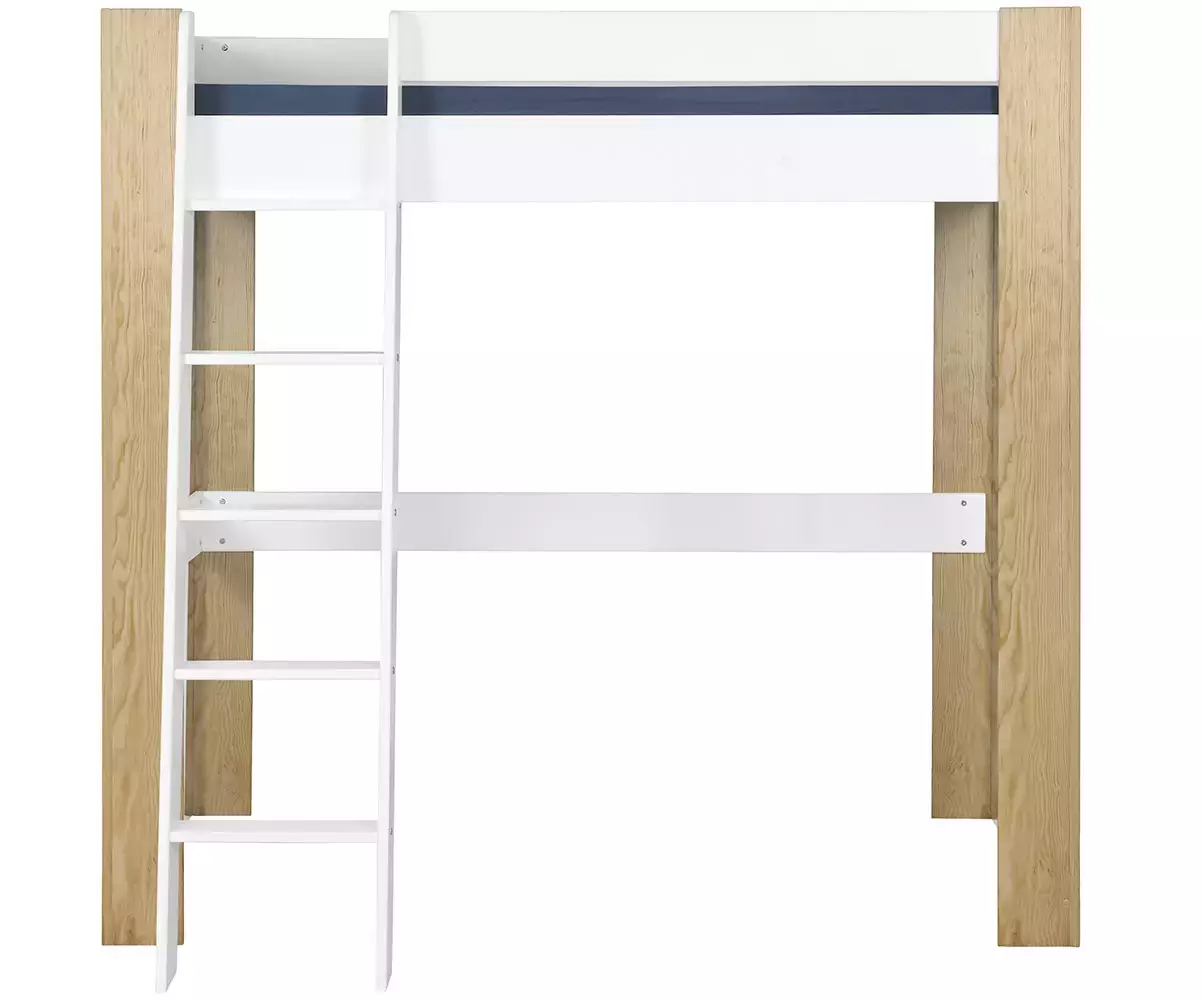 Lit mezzanine double Paros avec échelle bois naturel et blanc en bois massif Lit mezzanine double Paros avec échelle bois naturel et blanc en bois massif
