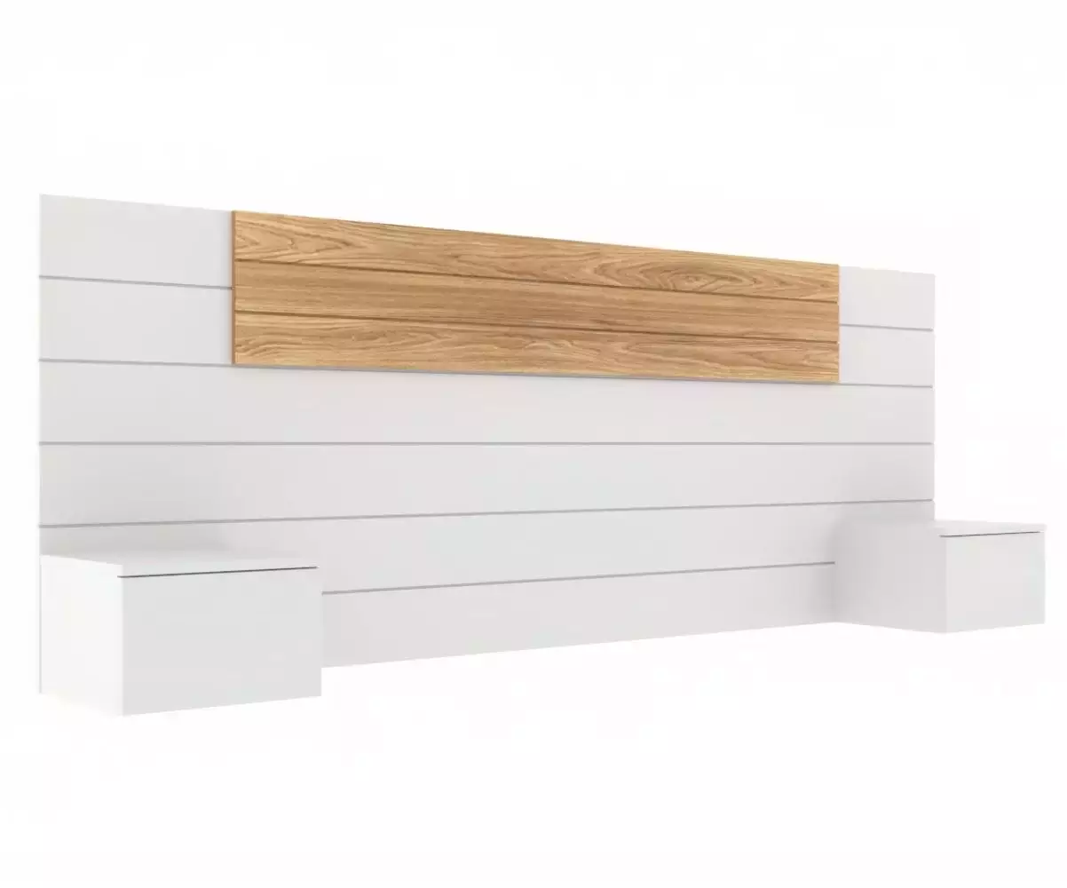 Tête de lit Joran blanche et bois avec chevets Tête de lit Joran blanche et bois avec chevets