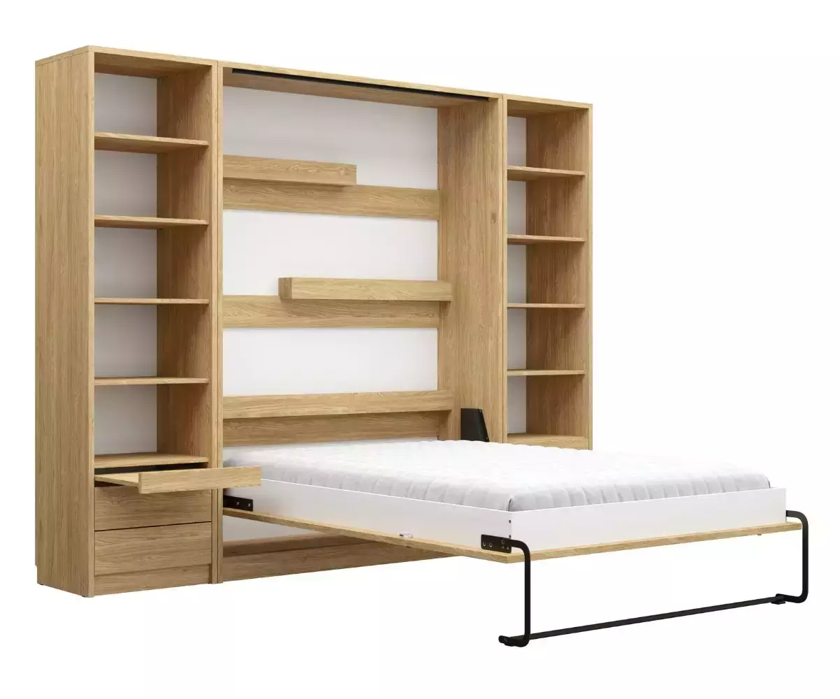 Lit escamotable Sélène ouvert avec bureau chêne clair Lit escamotable Sélène ouvert avec bureau chêne clair