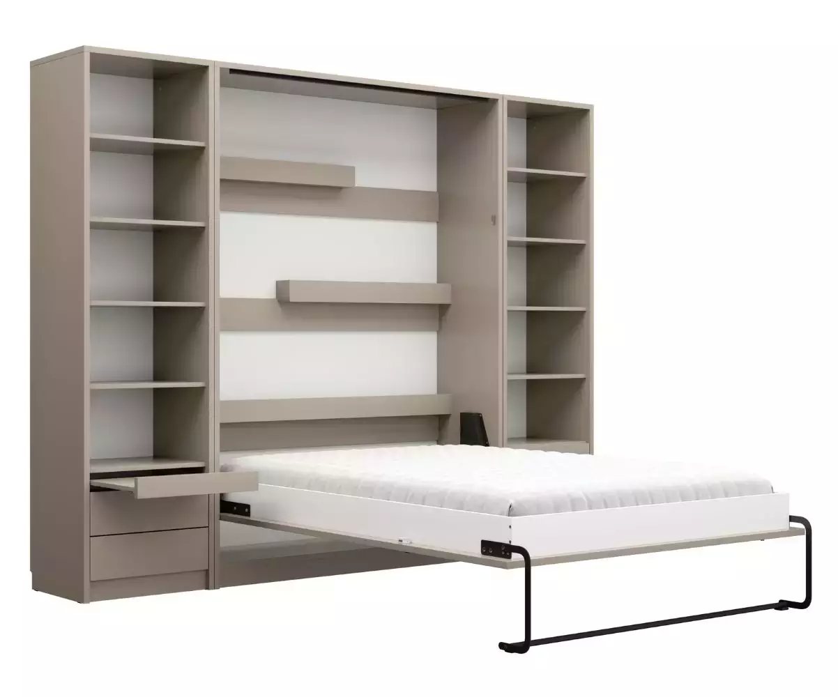 Lit escamotable Sélène ouvert avec bureau taupe Lit escamotable Sélène ouvert avec bureau taupe