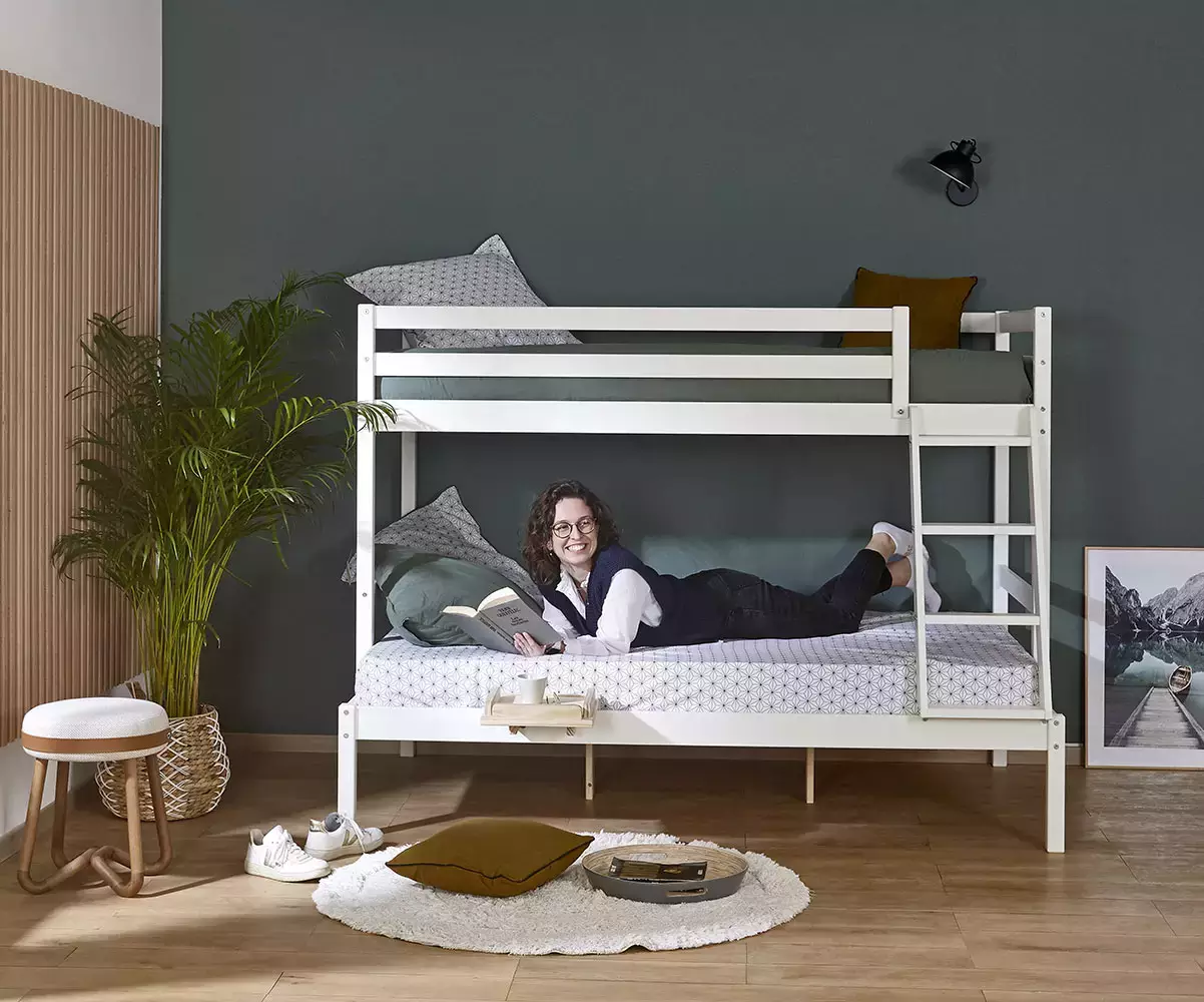 Lit Superposé avec matelas en bois massif blanc Lit Superposé avec matelas en bois massif blanc