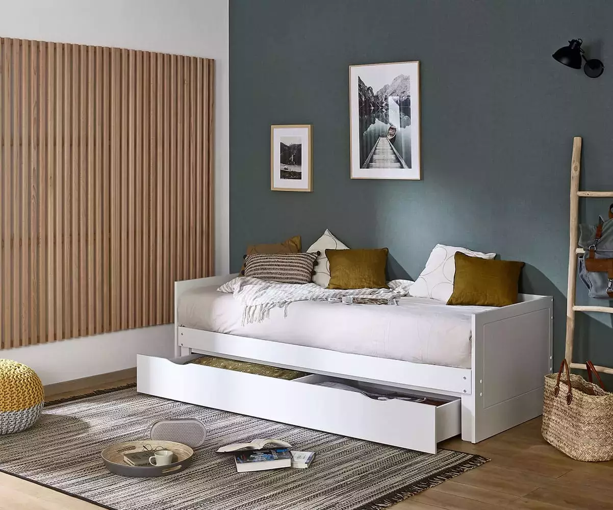 Lit gigogne Waris avec matelas et tiroir ouvert Lit gigogne Waris avec matelas et tiroir ouvert