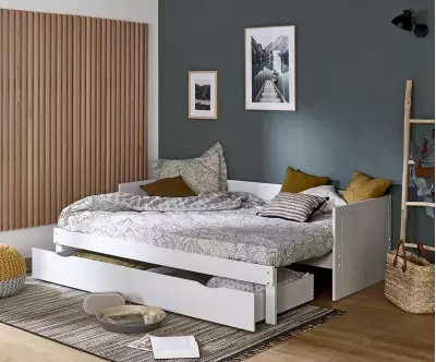 Pack lit gigogne avec sommier gigogne et tiroirs ouverts avec matelas