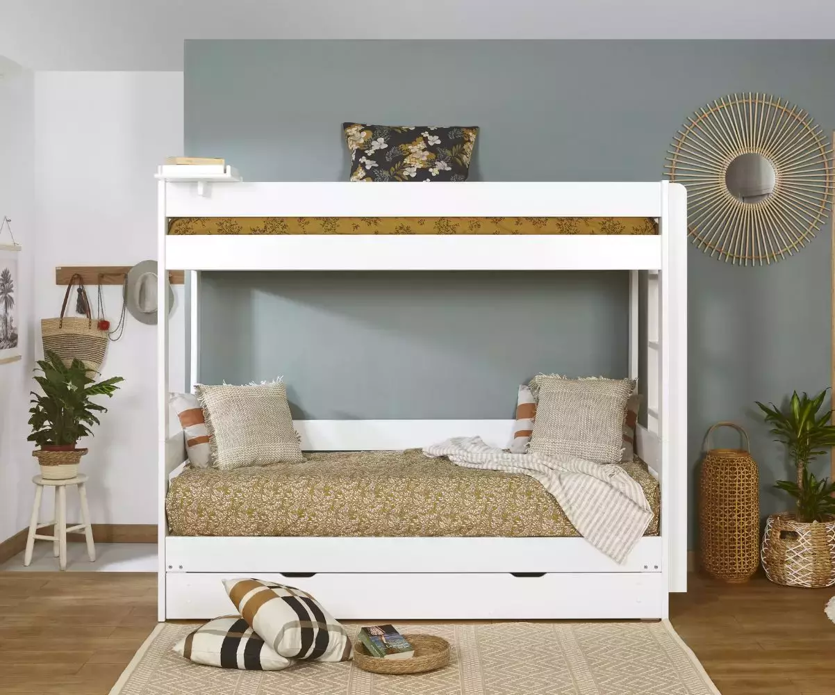 Lit superposé gigogne blanc Lakota de face avec matelas Lit superposé gigogne blanc Lakota de face avec matelas