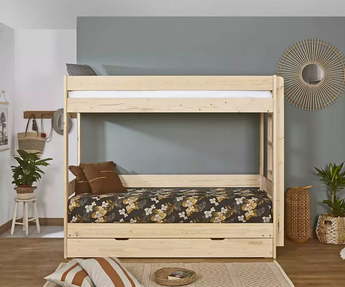 Lit superposé gigogne bois Lakota de face avec matelas Lit superposé gigogne bois Lakota de face avec matelas