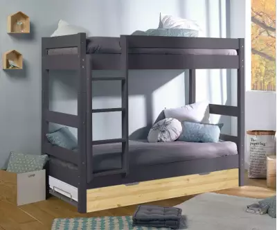 Pack Lit Superposé Iris gris avec 3 Matelas et sommier gigogne bois