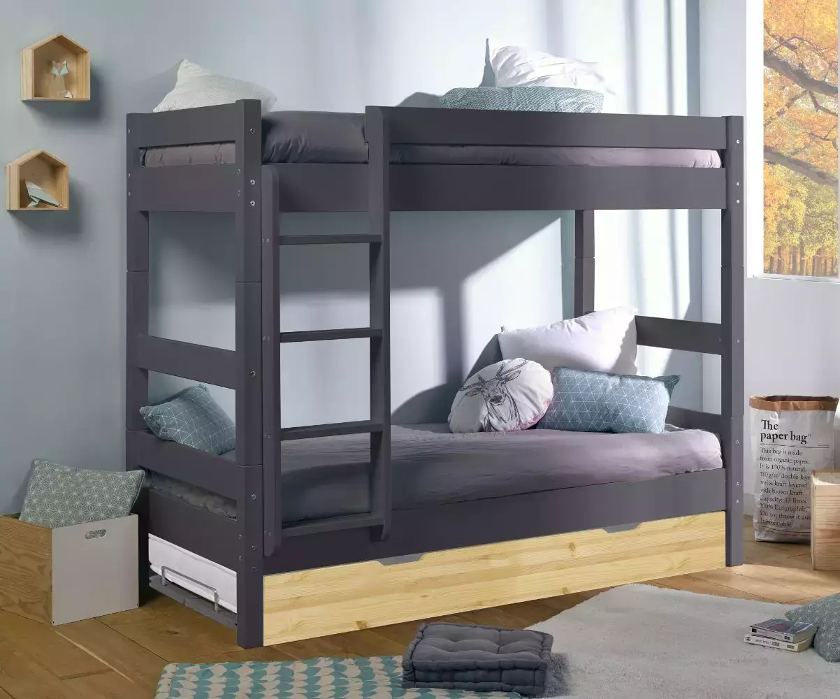 Pack Lit Superposé Iris gris avec 3 Matelas et sommier gigogne bois Pack Lit Superposé Iris gris avec 3 Matelas et sommier gigogne bois