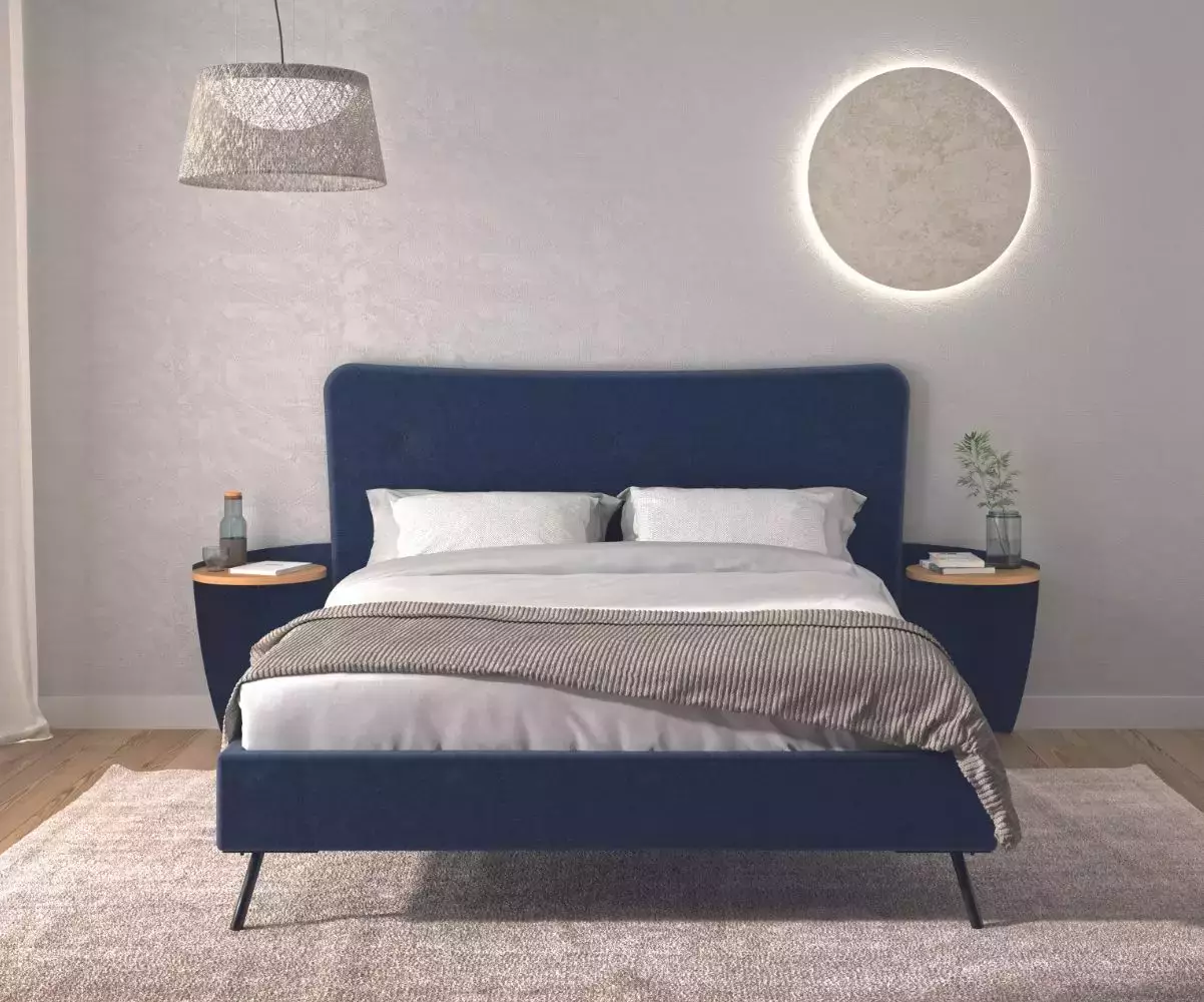 Lit Prosper 2 places tissu et métal bleu marine avec chevets en option Lit Prosper 2 places tissu et métal bleu marine avec chevets en option