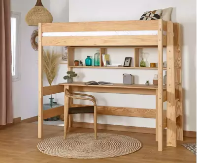 Lit mezzanine Donnell bois (bureau et rangement en option)