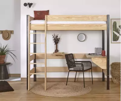 Lit mezzanine Douglas noir et bois en pin massif (bureau relevable en option)