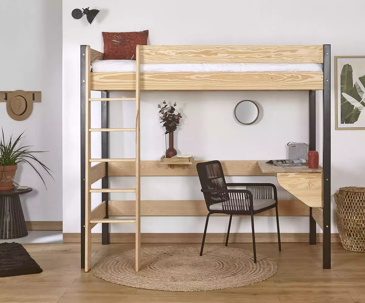 Lit mezzanine Douglas noir et bois en pin massif (bureau relevable en option) Lit mezzanine Douglas noir et bois en pin massif (bureau relevable en option)