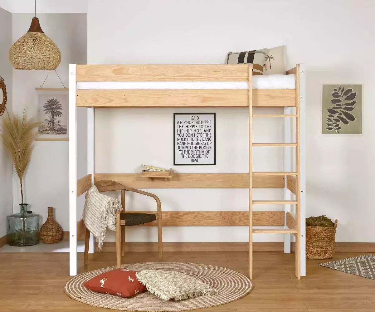 Lit mezzanine Douglas bois et blanc en pin massif Lit mezzanine Douglas bois et blanc en pin massif