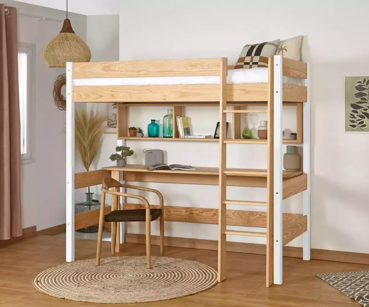 Lit mezzanine Douglas bois et blanc en pin massif (bureau en option) Lit mezzanine Douglas bois et blanc en pin massif (bureau en option)