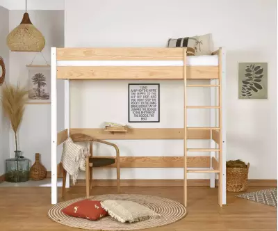 Pack lit mezzanine Douglas blanc et bois en pin massif
