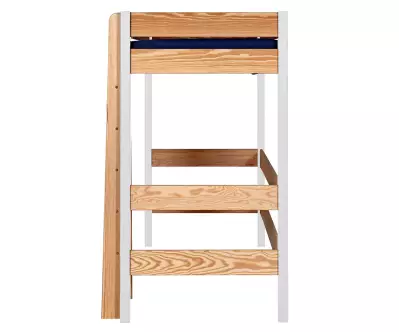 Pack lit mezzanine Douglas blanc et bois avec échelle sur le devant du de côté