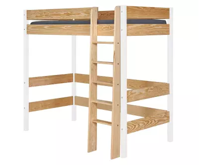 Pack lit mezzanine Douglas blanc et bois avec échelle sur le devant