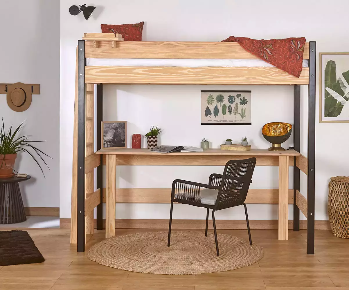Lit mezzanine Donnell noir et bois avec bureau Lit mezzanine Donnell noir et bois avec bureau