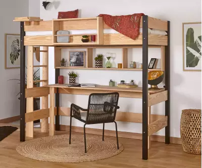 Lit mezzanine Donnell noir et bois avec bureau (rangements en option)