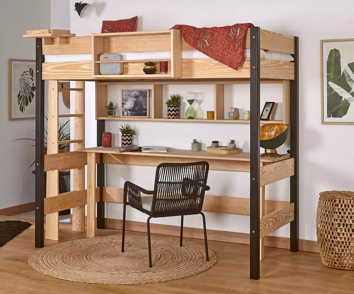 Lit mezzanine Donnell noir et bois avec bureau (rangements en option) Lit mezzanine Donnell noir et bois avec bureau (rangements en option)