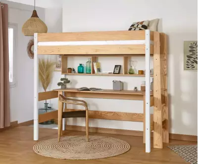 Lit mezzanine Donnell blanc et bois avec bureau