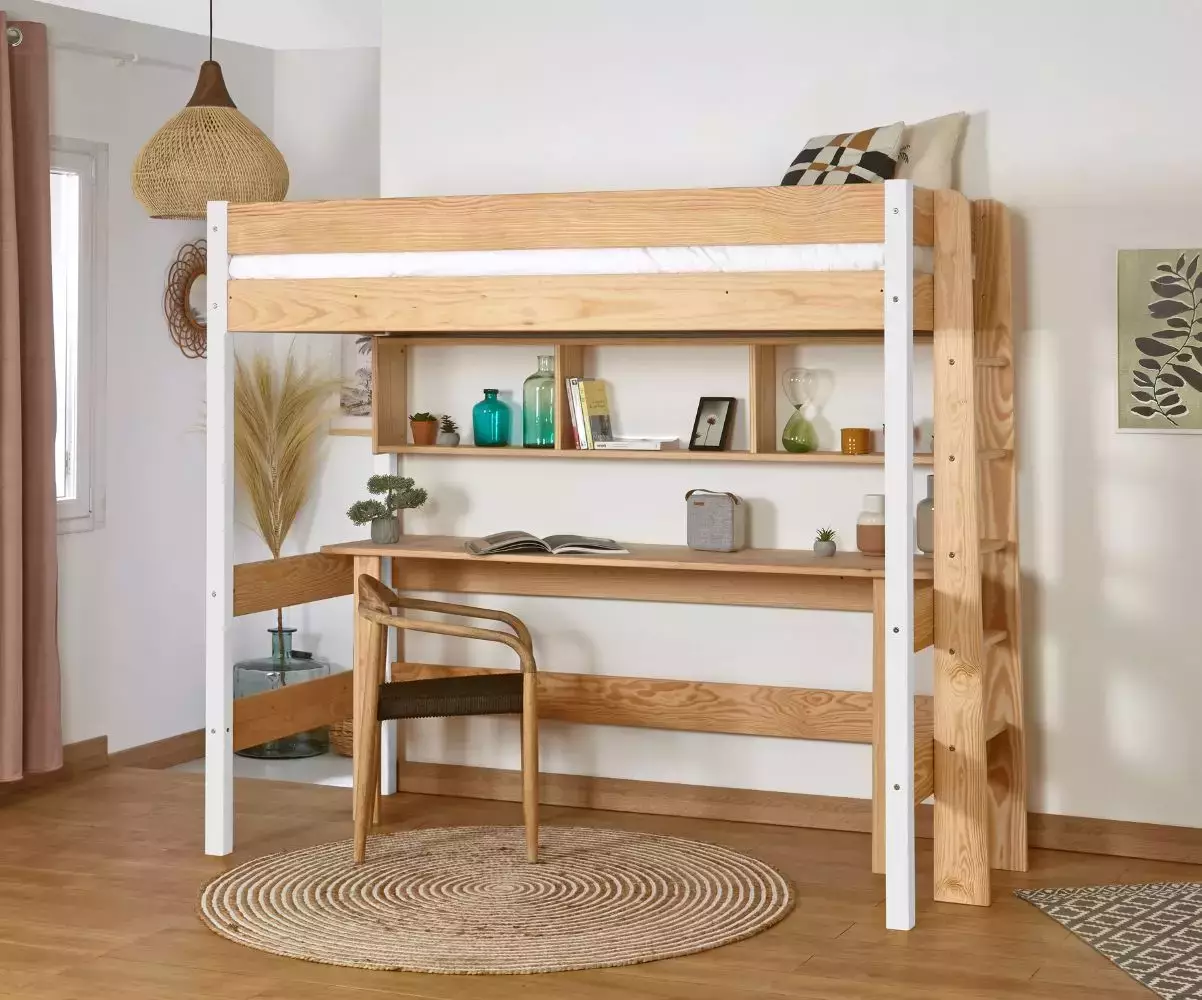 Lit mezzanine Donnell blanc et bois avec bureau Lit mezzanine Donnell blanc et bois avec bureau