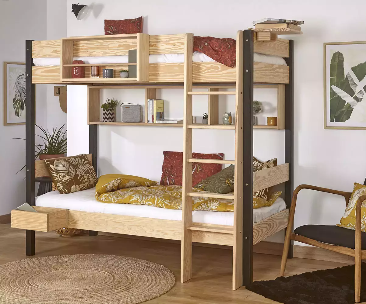 Lit superposé Douglas noir et bois (accessoires de rangement en option) Lit superposé Douglas noir et bois (accessoires de rangement en option)