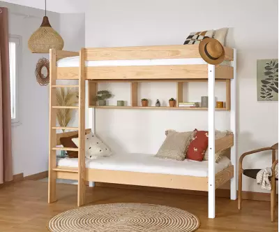 Lit superposé Douglas bois et blanc (accessoires de rangement en option)