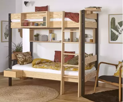 Pack lit superposé Douglas noir et bois (accessoires de rangement en option)