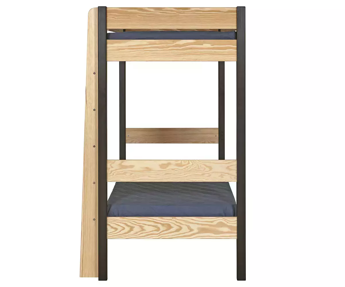 Lit superposé Douglas noir et bois avec échelle réversible vu de côté Lit superposé Douglas noir et bois avec échelle réversible vu de côté