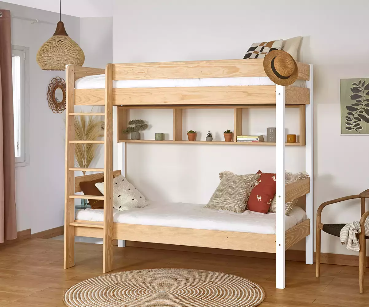 Pack lit superposé Douglas bois et blanc (accessoires de rangement en option) Pack lit superposé Douglas bois et blanc (accessoires de rangement en option)