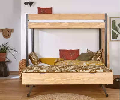 Lit superposé Donnell noir et bois avec sommier gigogne ouvert