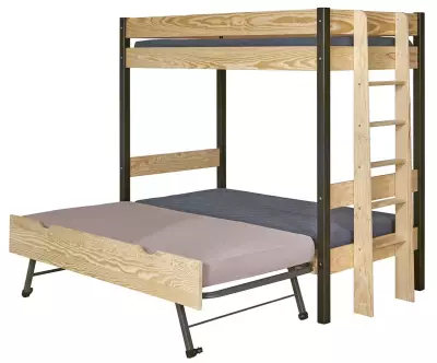 Lit superposé Donnell noir et bois avec sommier gigogne ouvert