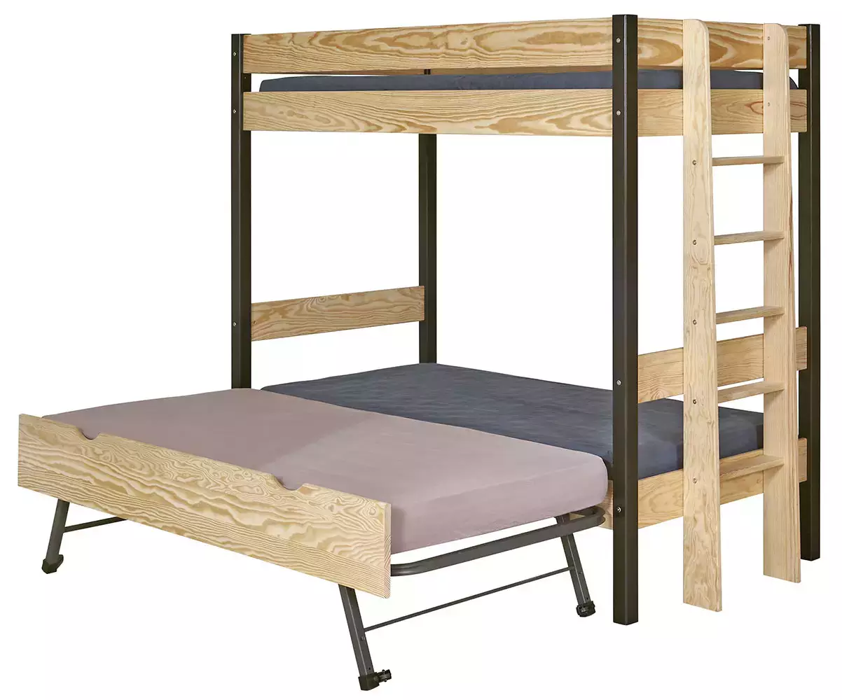 Lit superposé Donnell noir et bois avec sommier gigogne ouvert Lit superposé Donnell noir et bois avec sommier gigogne ouvert