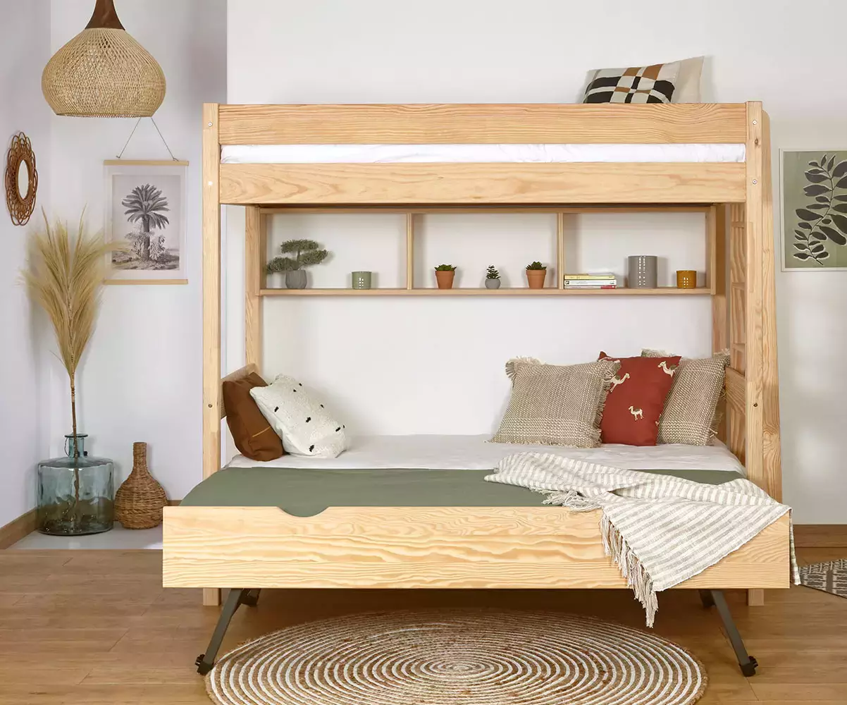 Lit superposé Donnell bois avec sommier gigogne ouvert Lit superposé Donnell bois avec sommier gigogne ouvert