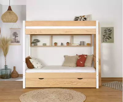 Lit superposé Donnell blanc et bois avec sommier gigogne