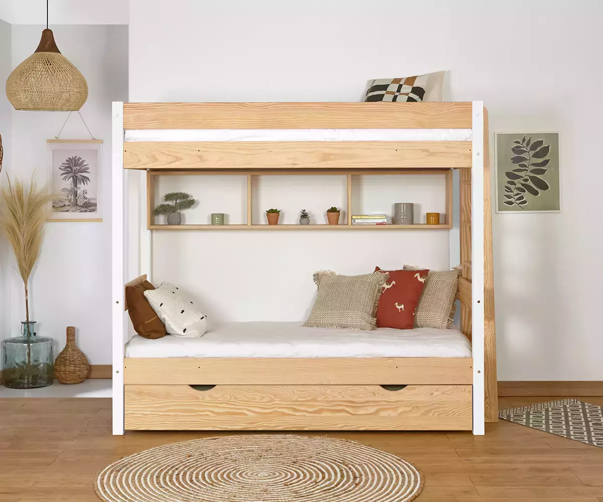 Lit superposé Donnell blanc et bois avec sommier gigogne Lit superposé Donnell blanc et bois avec sommier gigogne
