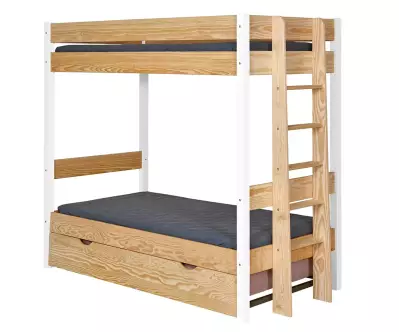 Lit superposé Donnell blanc et bois avec sommier gigogne fermé