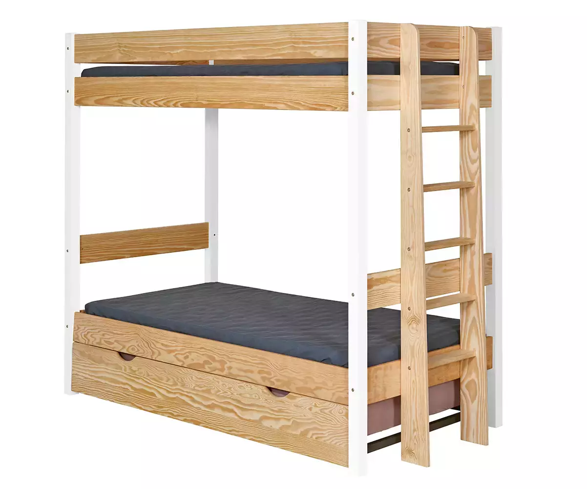 Lit superposé Donnell blanc et bois avec sommier gigogne fermé Lit superposé Donnell blanc et bois avec sommier gigogne fermé