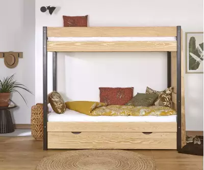 Pack lit superposé Donnell noir et bois avec sommier gigogne