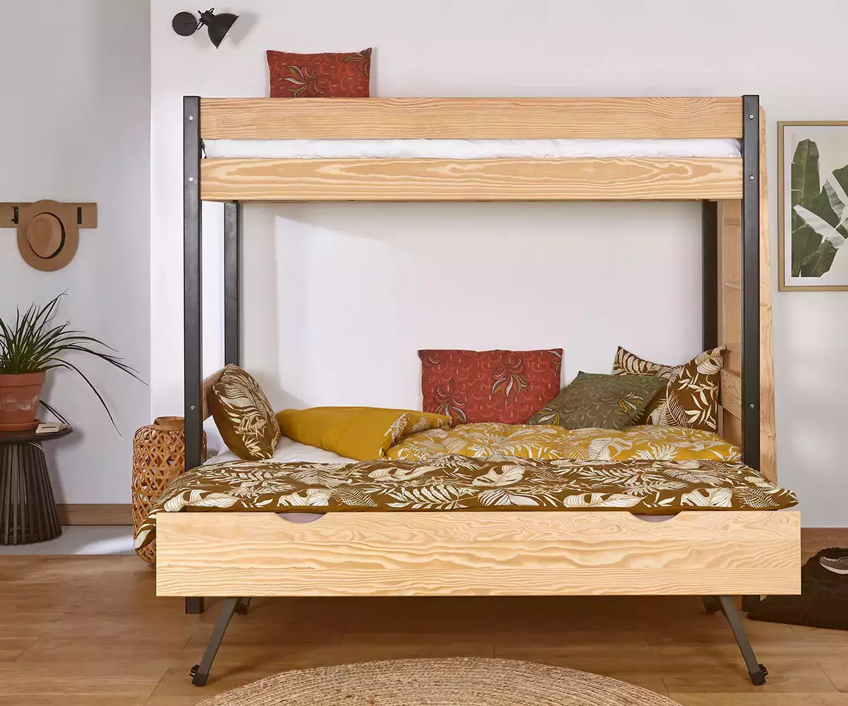 Pack lit superposé Donnell noir et bois avec sommier gigogne ouvert Pack lit superposé Donnell noir et bois avec sommier gigogne ouvert