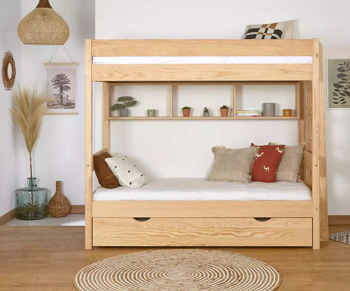 Pack lit superposé Donnell bois avec sommier gigogne Pack lit superposé Donnell bois avec sommier gigogne