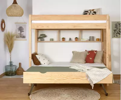 Pack lit superposé Donnell bois avec sommier gigogne ouvert